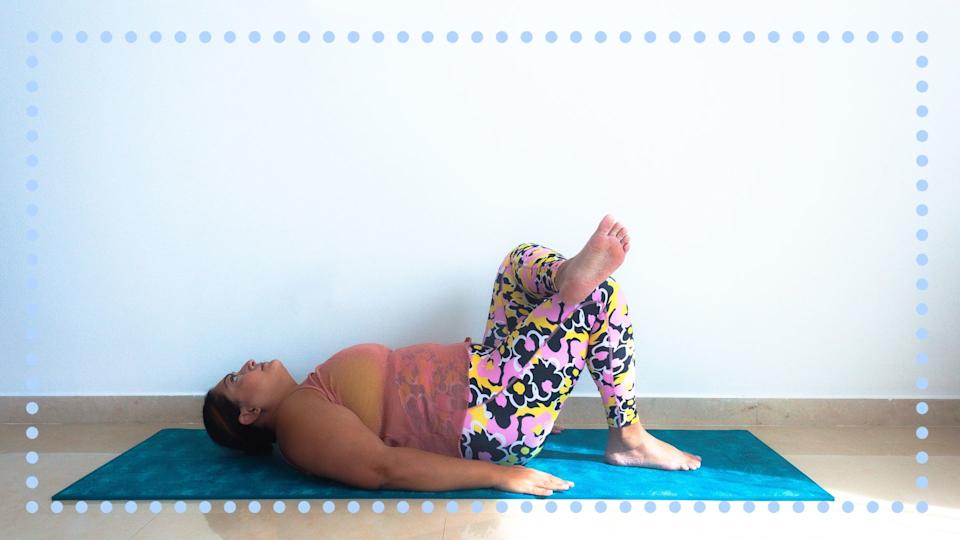 This modified pose (also known as a figure-4 stretch) is another move that encourages deep breathing and looser hips. 
