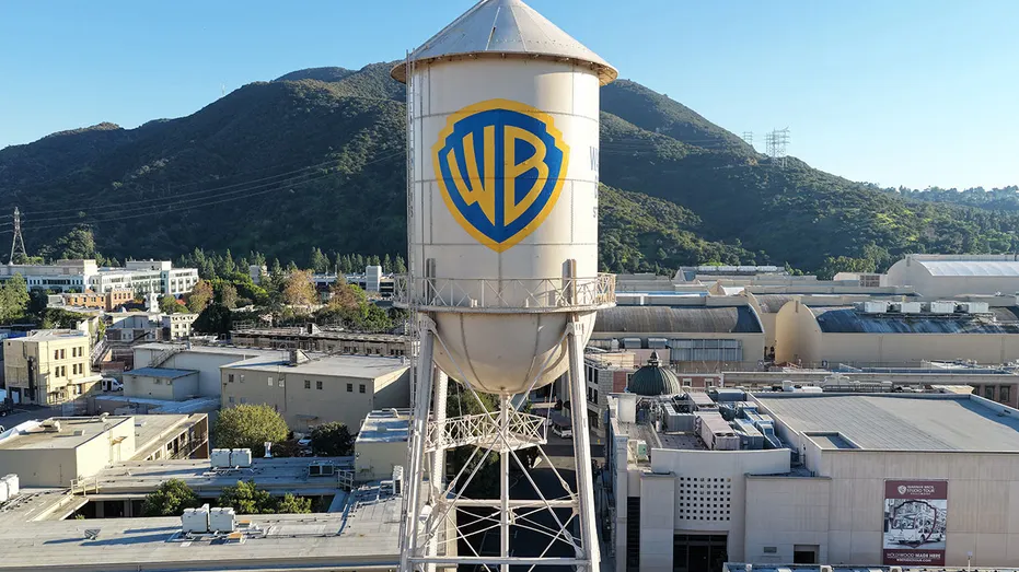 An aerial view of the Warner Bros. logo displayed on the water tower at Warner Bros. Studio