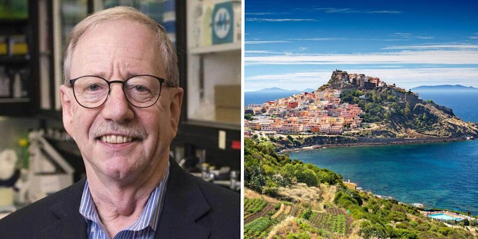 Dr Steven Austad, a longevity researcher, and a view of the hillside villages of Sardinia, Italy