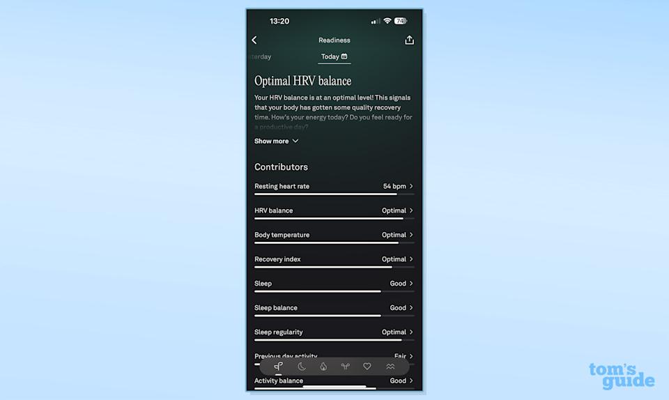 Oura app showing contributors for optimal HRV balance in the app against a blue background