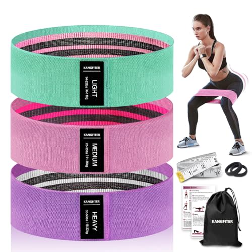 Kangfiter Non-Slip Fabric Resistance Bands for Working Out, Loop Exercise Bands for Booty Leg, Butt, Glute, Workout Bands With Tape Measure and Hair Ties for Home Gym Fitness, Yoga, Pilates
