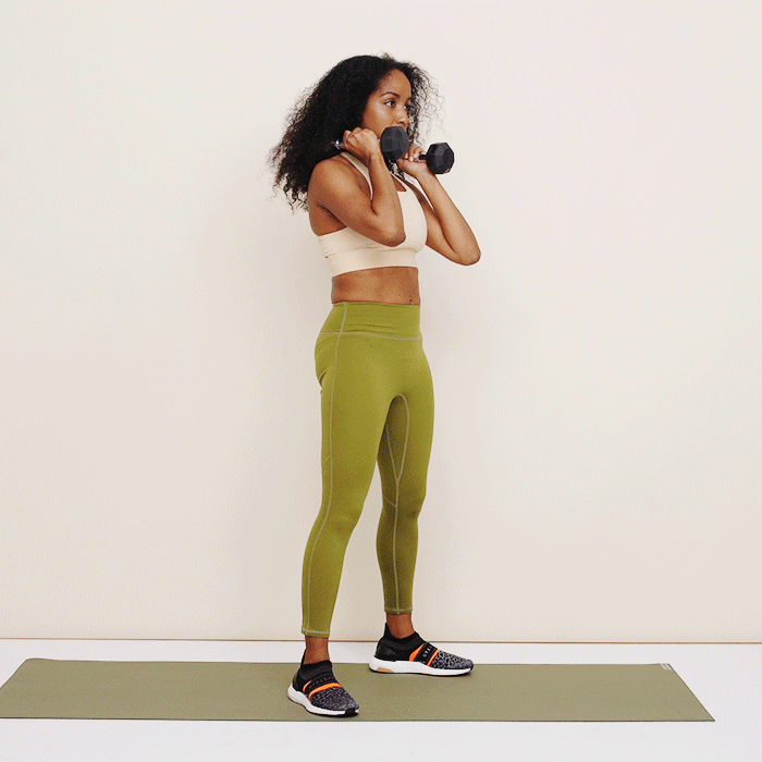 <h1 class="title">Front squat (2 DBs - racked at shoulders, elbows forward) - New Year’s Challenge 2022</h1><cite class="credit">Katie Thompson</cite>