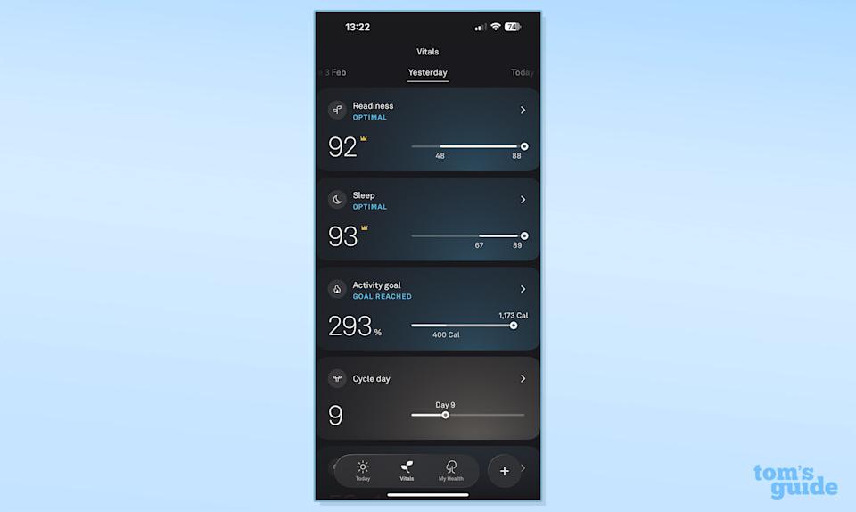 Oura Readiness score with sleep and activity scores underneath in Oura app against blue background
