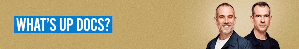 What's up Doc banner image - a brown background with headshots of the Van Tullekens smiling