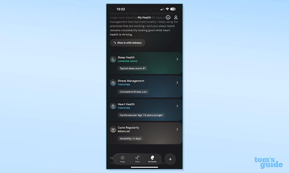 Summary of sleep health, stress management and heart health on Oura app against blue background