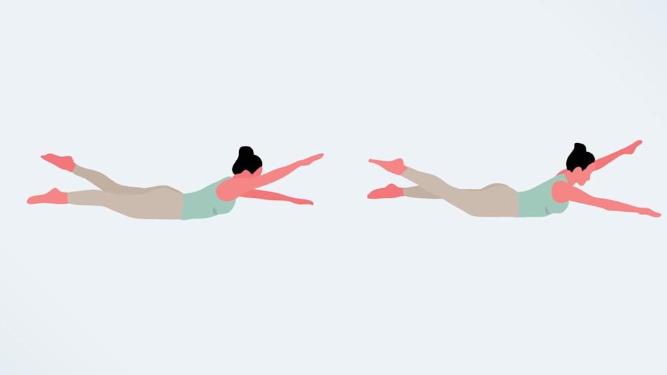 an illo of a woman doing the pilates swimming exercise 