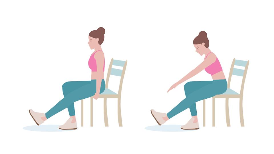 Vector female sitting on chair reaching for toes with left leg extended, right knee bent