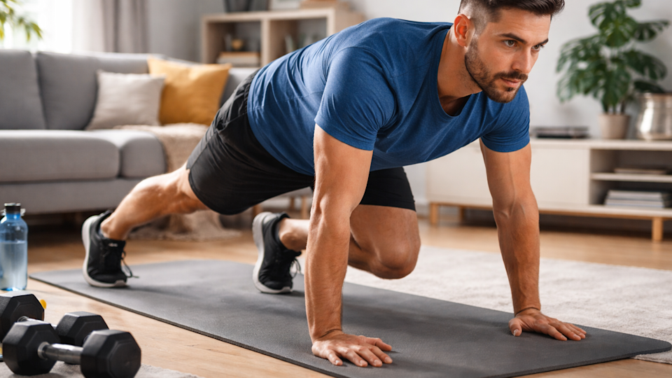  Man working out at home. 