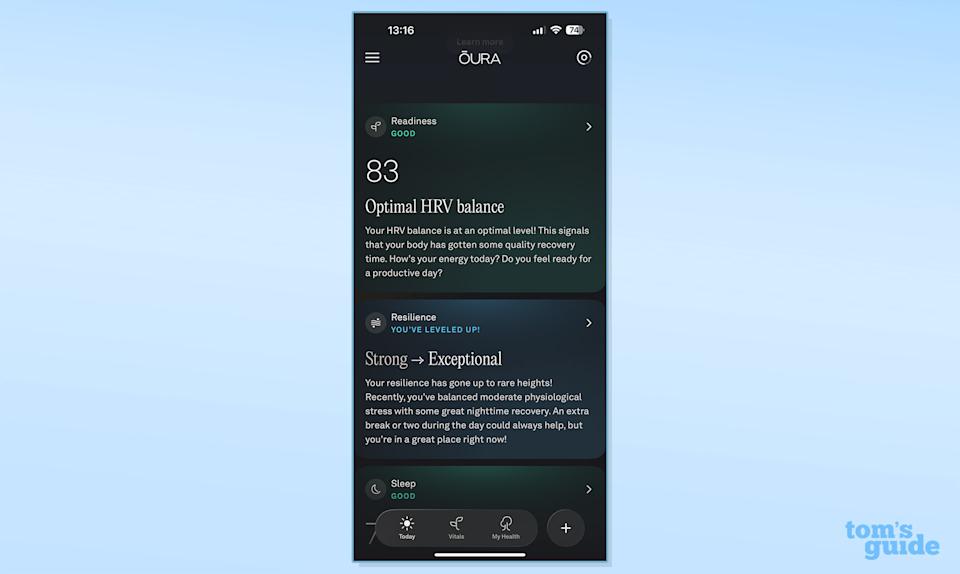 Oura app showing HRV balance and resilience scores against blue background