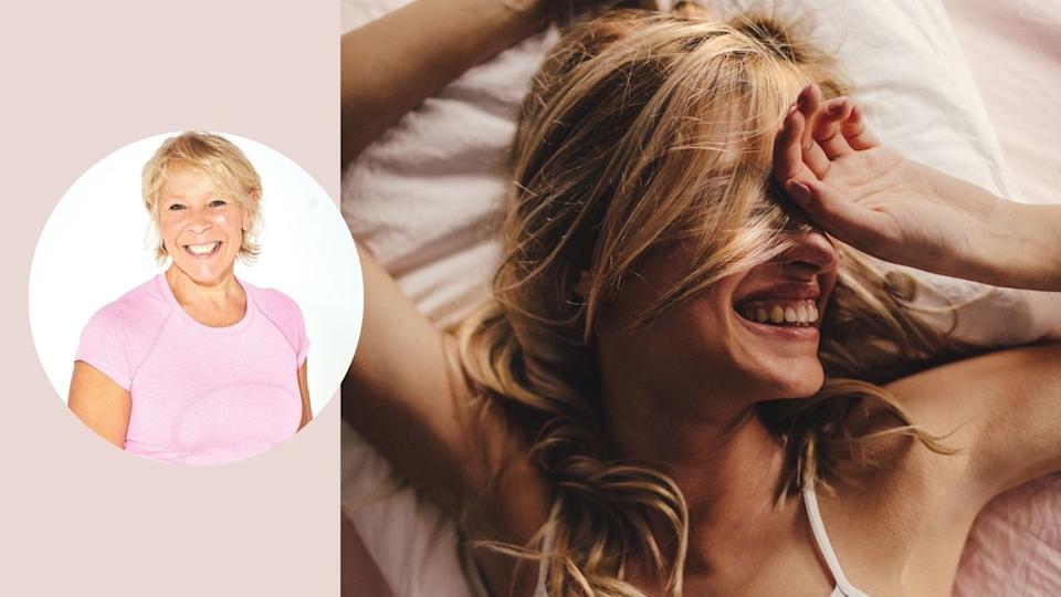  A photo of a woman with dishevelled hair lying in bed, with a headshot of Annie Deadman overlaid. 