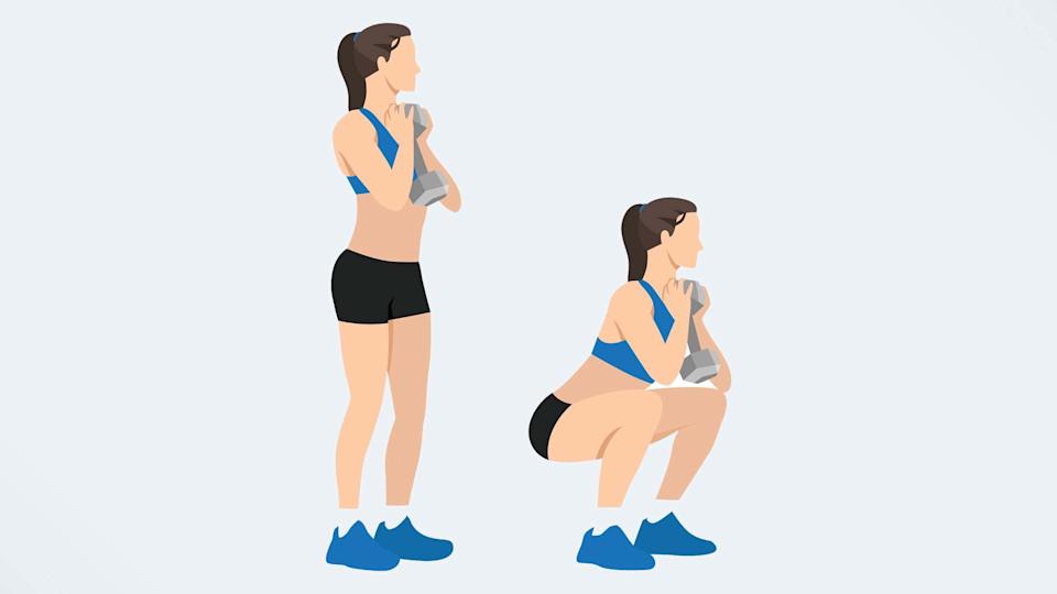 an illo of a woman doing a dumbbell goblet squat