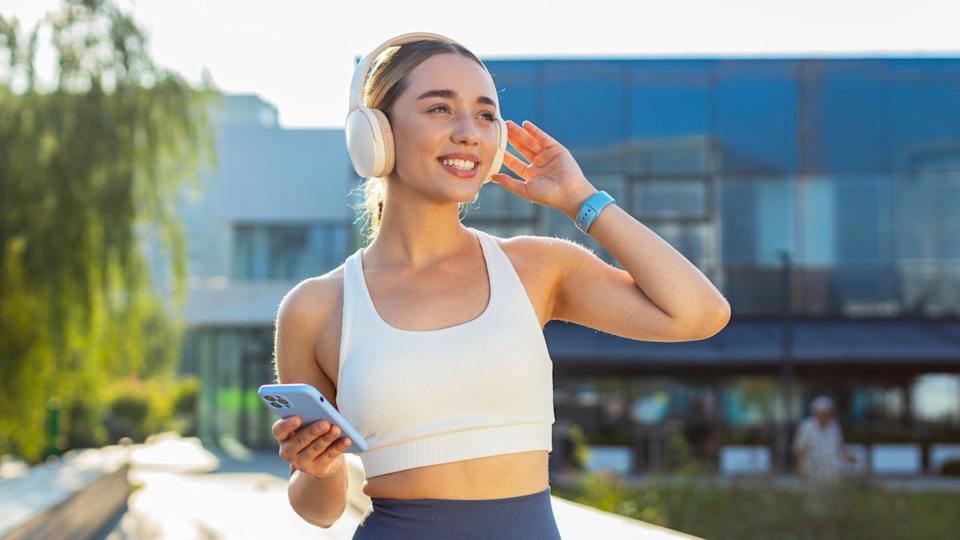  A woman doing a walking workout. 