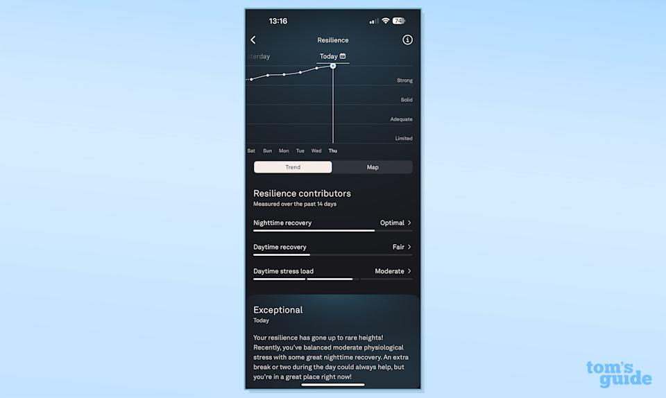 Stress Resilience tool used on Oura Ring 4 app blue background