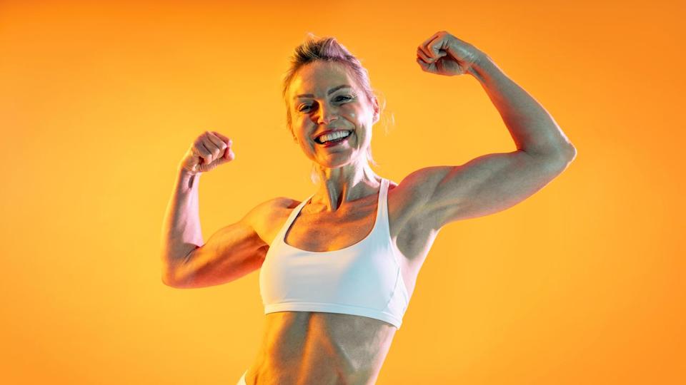 A senior woman exercising.