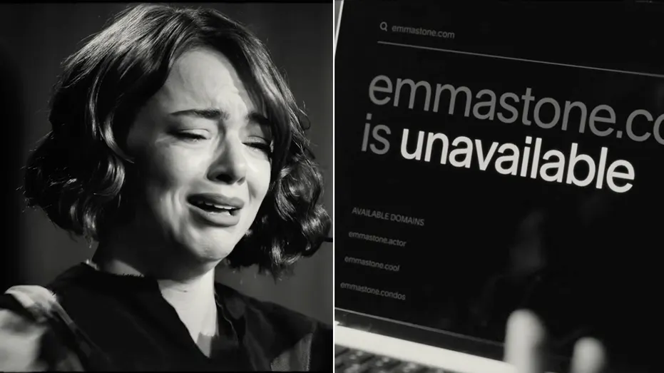 Emma Stone appears in a black-and-white scene from a Squarespace commercial as a screen shows emmastone.com is unavailable ahead of Super Bowl LX.