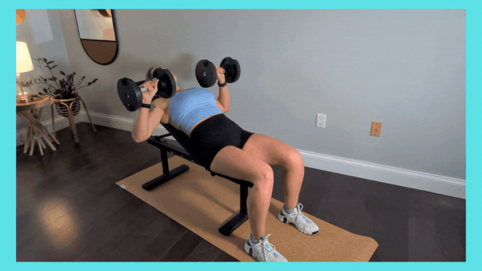 The incline position targets your chest muscles a little higher than a traditional chest press. 
