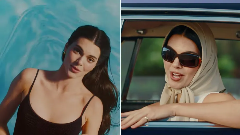 Side-by-side images show Kendall Jenner appearing in a Fanatics Sportsbook commercial ahead of Super Bowl LX.