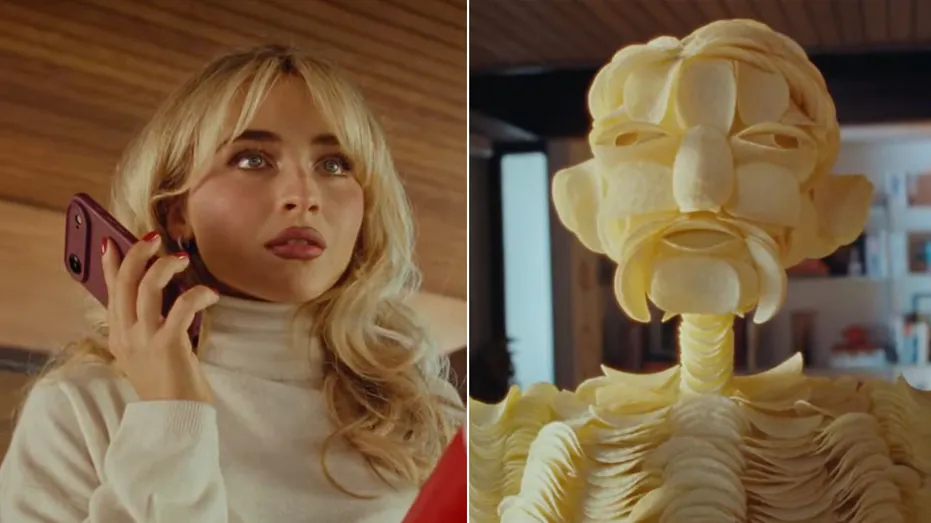 Side-by-side images show Sabrina Carpenter appearing in a Pringles commercial alongside a Pringles chip figure ahead of Super Bowl LX.
