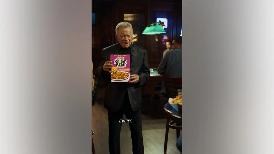 William Shatner appears in a Kellogg’s Raisin Bran commercial ahead of Super Bowl LX.