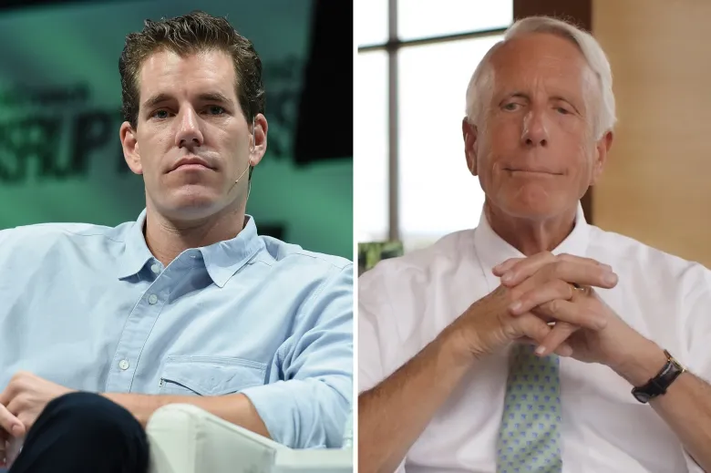 Side-by-side portraits of two men. At left, a younger man with short dark hair wears a light blue shirt and a headset microphone while seated onstage. At right, an older man with white hair wears a white shirt and patterned tie, sitting with his hands clasped in front of him.